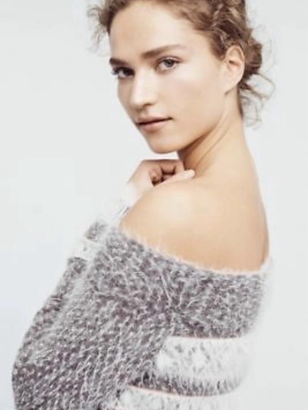 Fuzzy Off-the-Shoulder Sweater in Light Gray